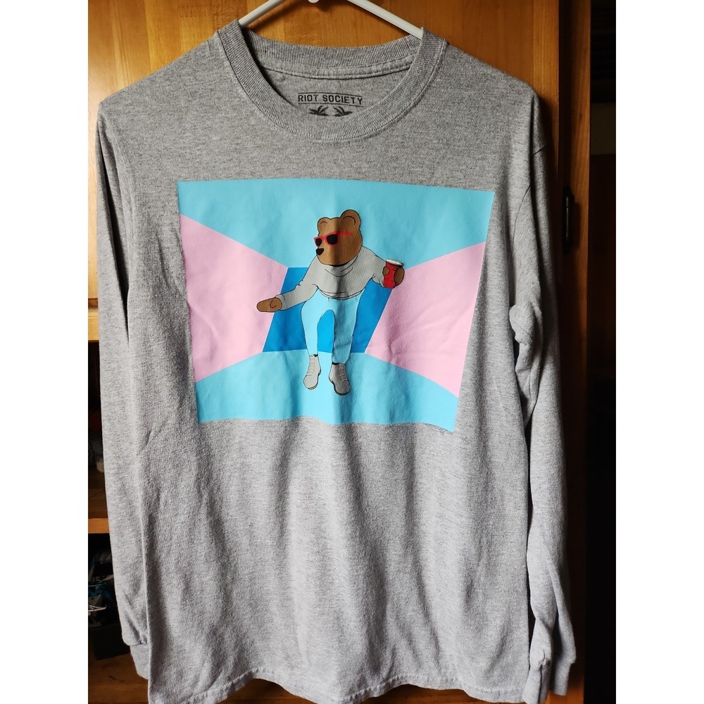 Riot Society Dancing Bear Heather Grey Mens Long Sleeve Tee, Sz S.